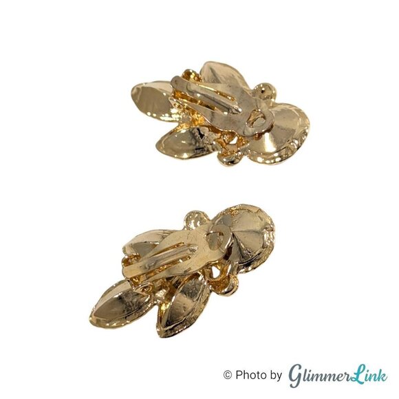 VTG Large Multicolor Acrylic Rhinestones Faux Pearl Gold Tone Clip On Earrings - Picture 7 of 8